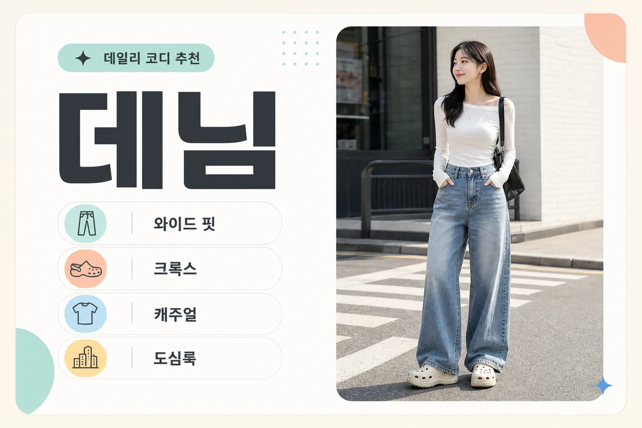 A full-body shot of a Korean woman wearing wide denim pants that slightly cover the top of her Crocs Siren clogs, urban street background, bright daylight