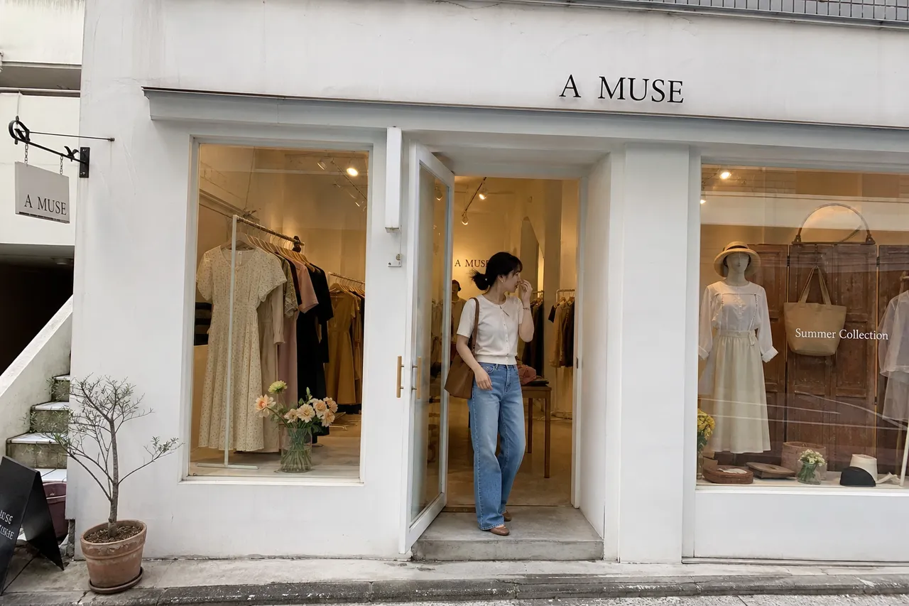 A romantic and classic storefront of a fashion boutique with a minimalist white exterior, soft warm lighting, elegant window display featuring vintage-style clothing, street photography style