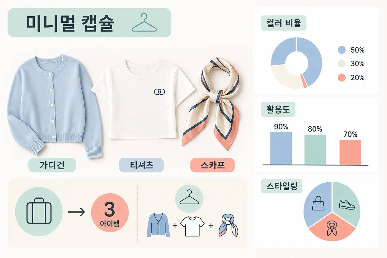 A flat lay of a minimalist capsule wardrobe including a round-neck cardigan, a cropped t-shirt with chain logo embroidery, and a silk scarf, arranged on a light beige background, clean aesthetic