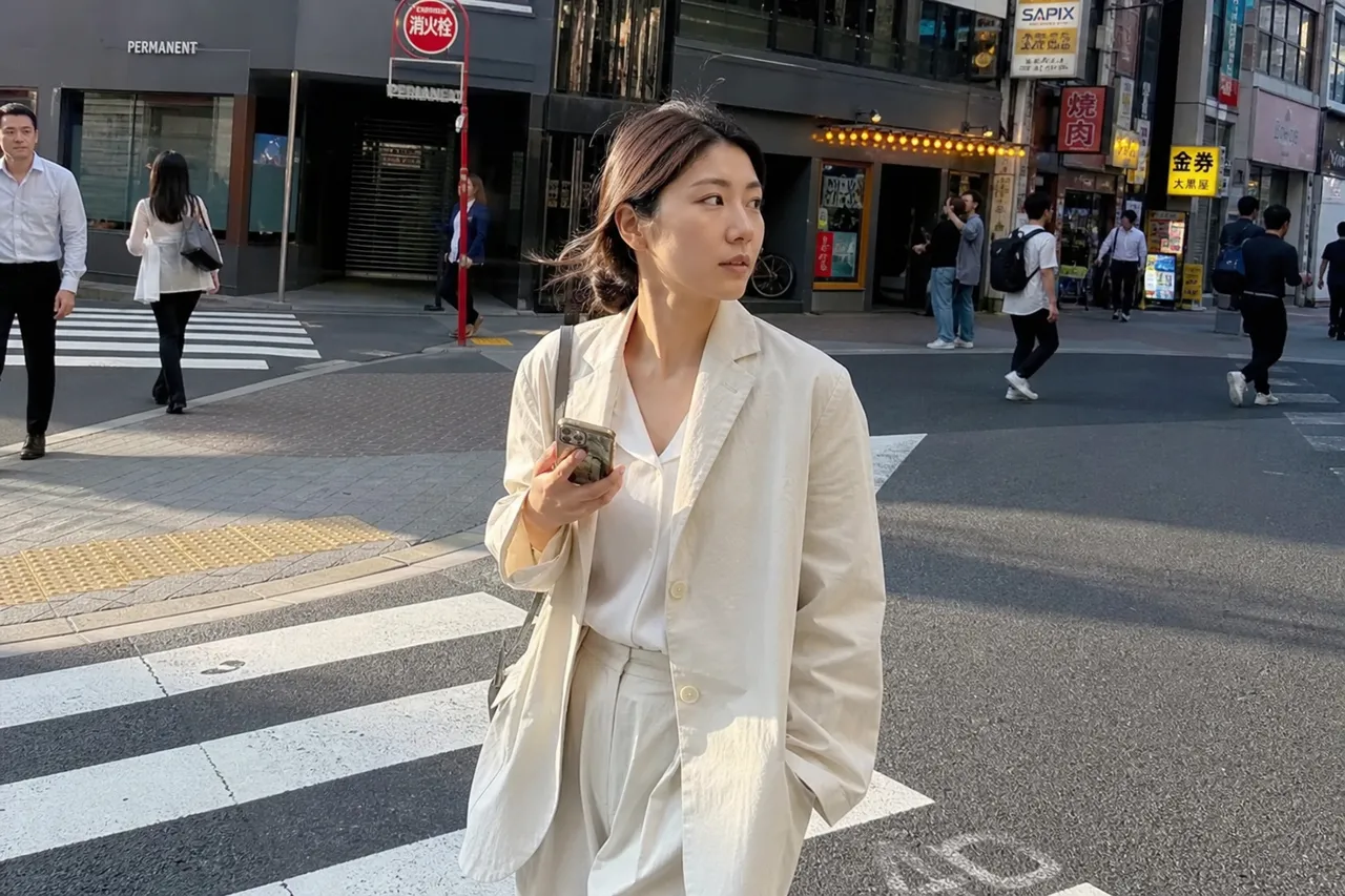A Korean woman walking on a street in Tokyo, wearing a tone-on-tone layered outfit from the 2026 summer collection, soft afternoon sunlight, cinematic urban atmosphere