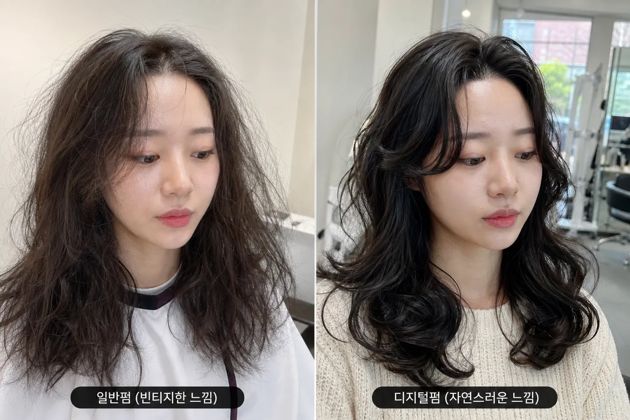 A side-by-side comparison of two hair texture samples: one with vintage frizzy texture (general perm) and one with smooth defined curls (digital perm), studio lighting, minimal background
