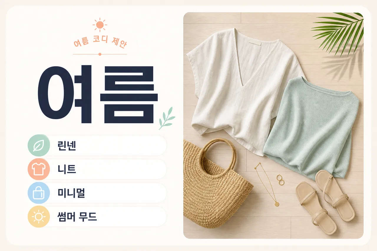 A fashion flat lay featuring a deep V-neck linen top and a boat neck knit top, arranged with minimalist accessories on a light wooden floor, summer mood