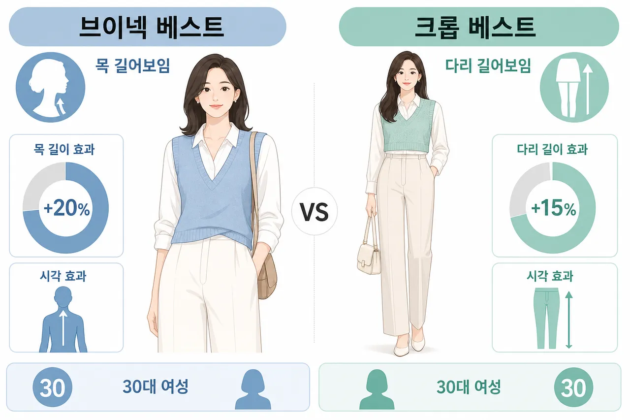An infographic showing a comparison of two Korean women in their 30s; one wearing a V-neck vest to elongate the neck, and another wearing a cropped vest to make legs look longer, clean minimalist style