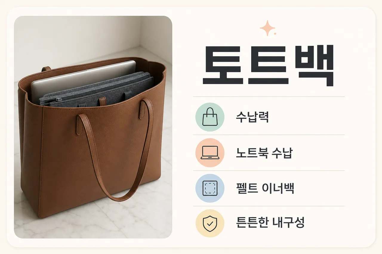 A high-quality photograph of a large, structured brown leather tote bag on a marble floor, with a laptop and a felt inner bag visible inside, clean and organized, product photography