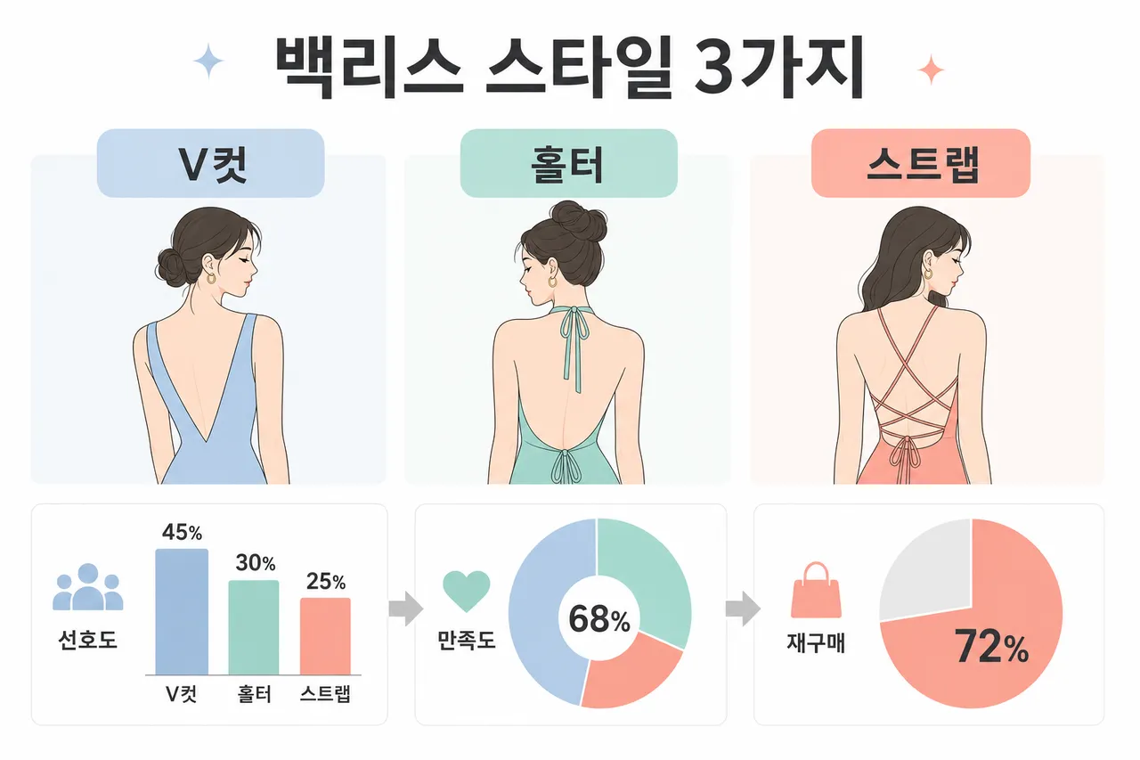 An infographic showing three types of backless styles (V-cut, Halter, Strappy) on minimalist fashion sketches, clean pastel background