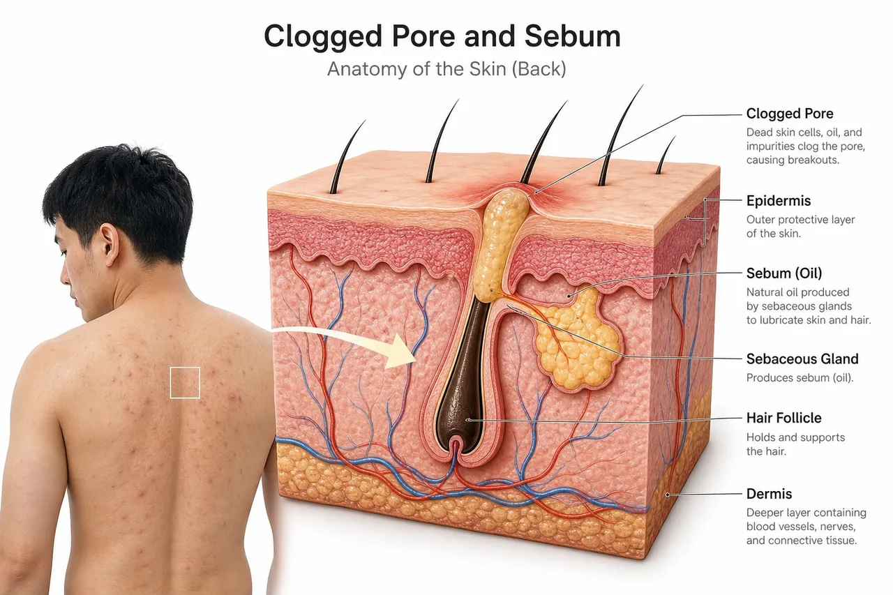 A medical 3D diagram of human back skin layers showing clogged pores and sebum, professional educational style, clean white background