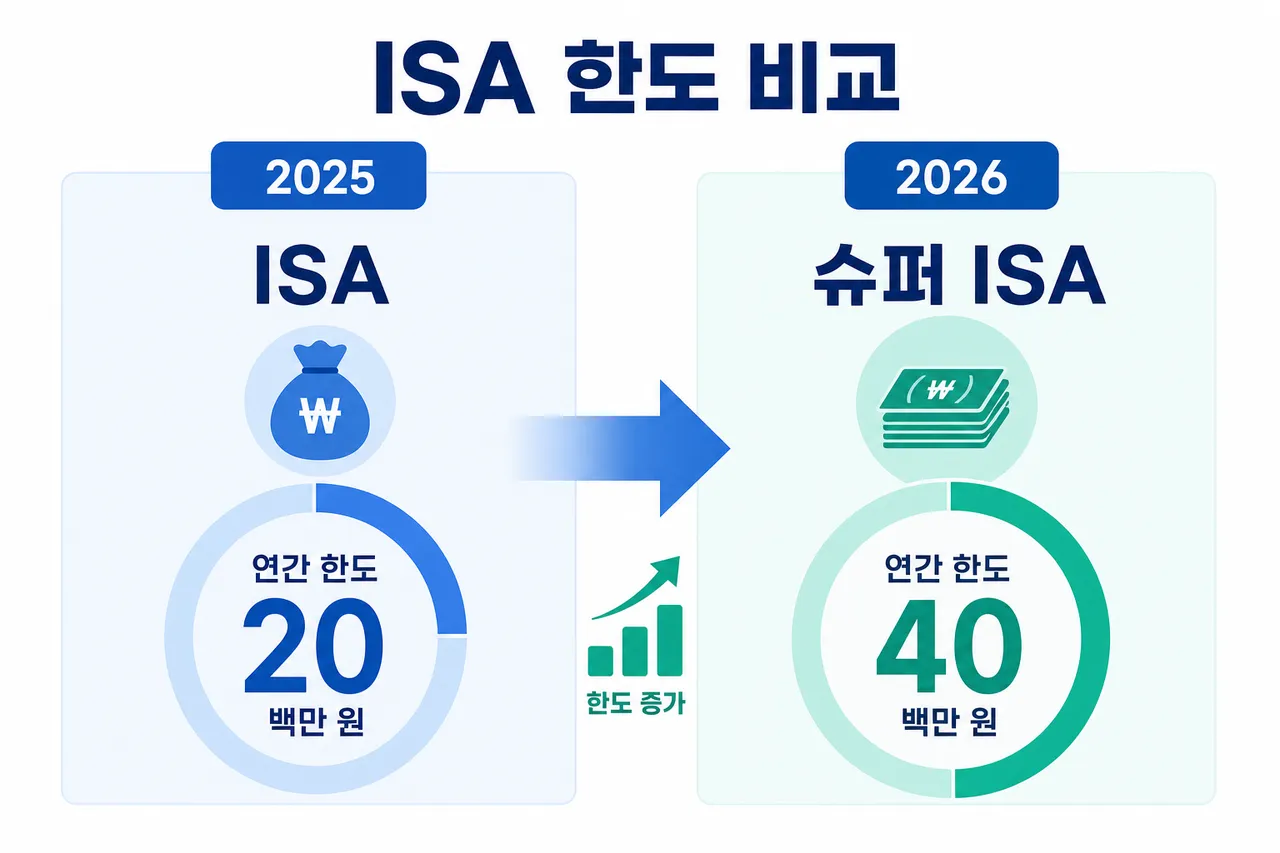 A clean infographic comparing the 2025 ISA and the 2026 Super ISA, showing the increase in annual contribution limits from 20 million to 40 million won, flat design style, professional blue and white color palette
