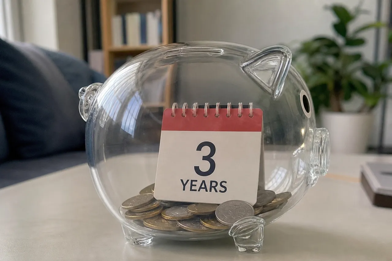 A conceptual 3D illustration of a glass piggy bank with a 3-year calendar icon inside, symbolizing a long-term investment strategy, soft pastel background