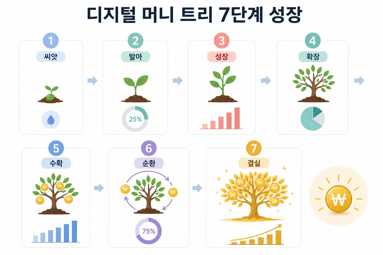 A high-quality infographic showing the 7 stages of a digital money tree growth, from a small sprout named 'Ppeokkome' to a golden tree, clean white background, minimalist flat design