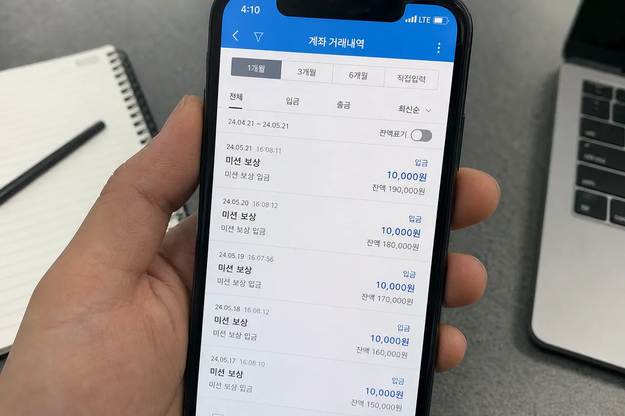 A screenshot of a mobile bank transaction history showing multiple entries of 'Mission Reward' in Korean, clean and professional look