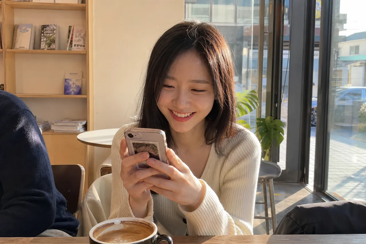 A Korean woman in her 20s smiling while looking at her smartphone in a bright modern cafe, a cup of coffee on the table, warm afternoon sun