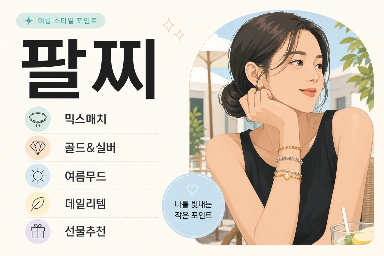 A stylish Korean woman wearing a sleeveless black top, showcasing a mix of gold and silver bracelets on her wrist, outdoor summer cafe setting, sun-drenched atmosphere