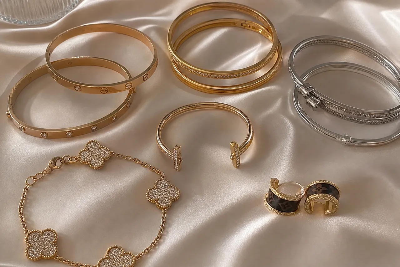 A flat lay of various high-end jewelry pieces, including gold and silver bangles, arranged on a silk cloth, luxury aesthetic, soft studio lighting