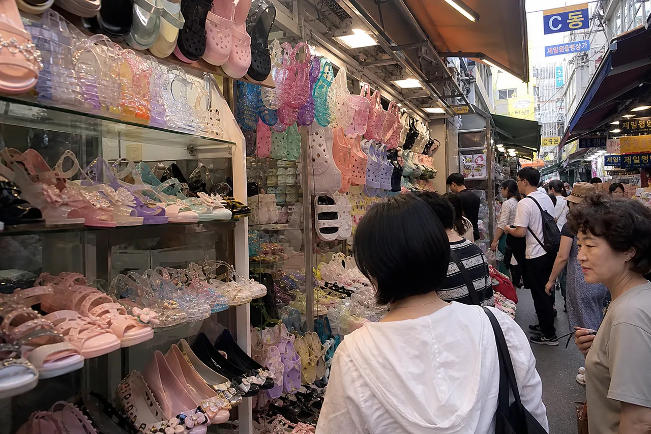 A vibrant wide shot of Dongdaemun Shoe Wholesale Market C-dong, colorful jelly shoes displayed on shelves, bustling market atmosphere, natural light