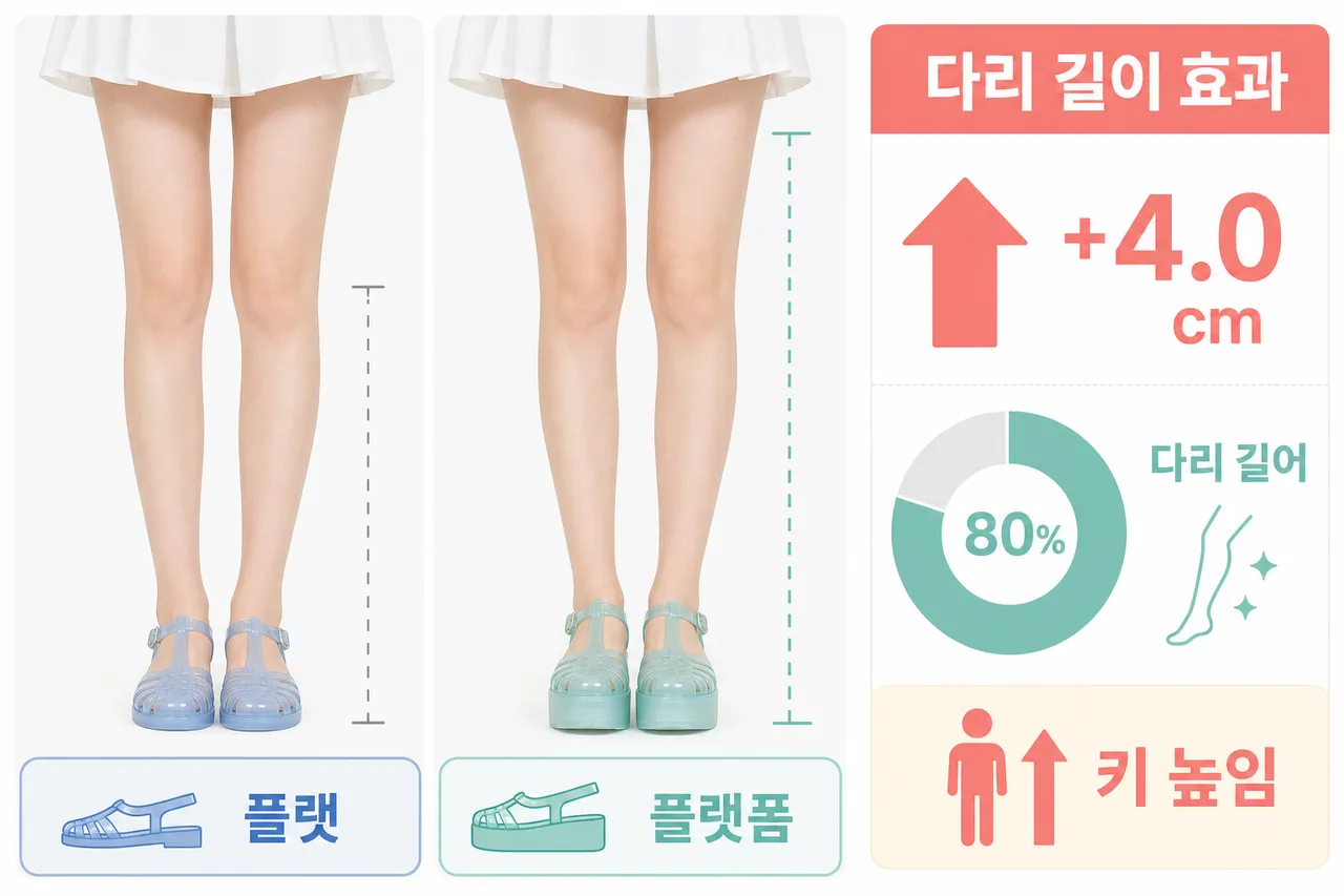 A comparison photograph of a person's legs wearing platform jelly shoes versus flat jelly shoes, showing the leg-lengthening effect, clean white background