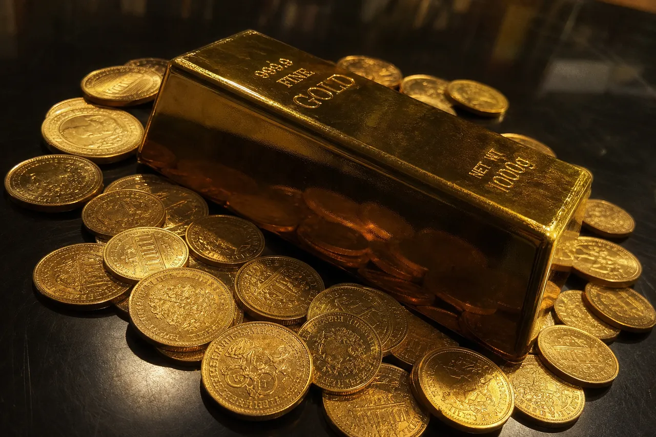 A high-quality photograph of a gold bar and scattered gold coins on a dark reflective surface, cinematic lighting, dramatic shadows, financial growth concept