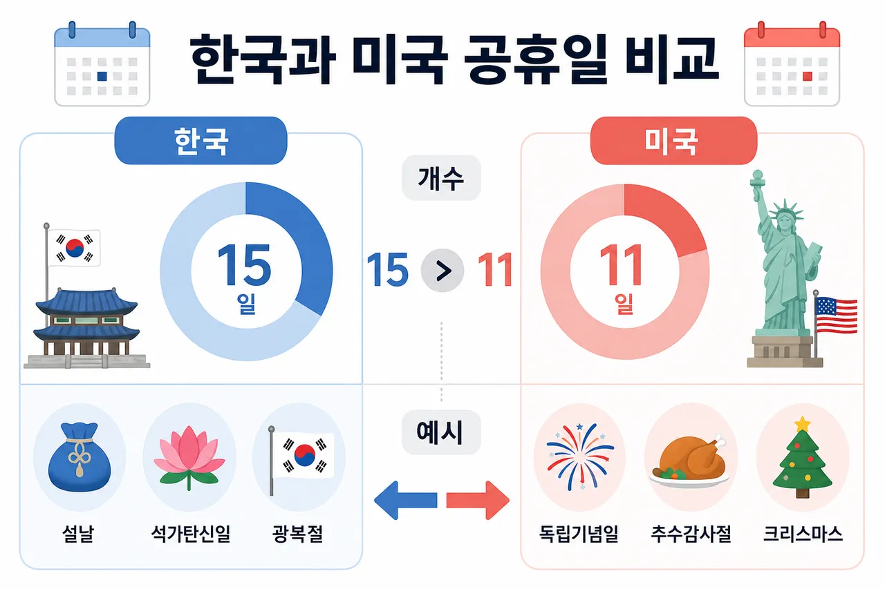 An infographic showing the difference between Korean and US public holidays on a clean calendar background, minimalist vector style, blue and red accents