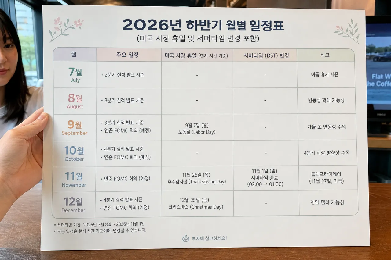A clean and organized monthly schedule table for the second half of 2026, highlighting US market holidays and daylight saving changes, soft pastel colors, professional layout