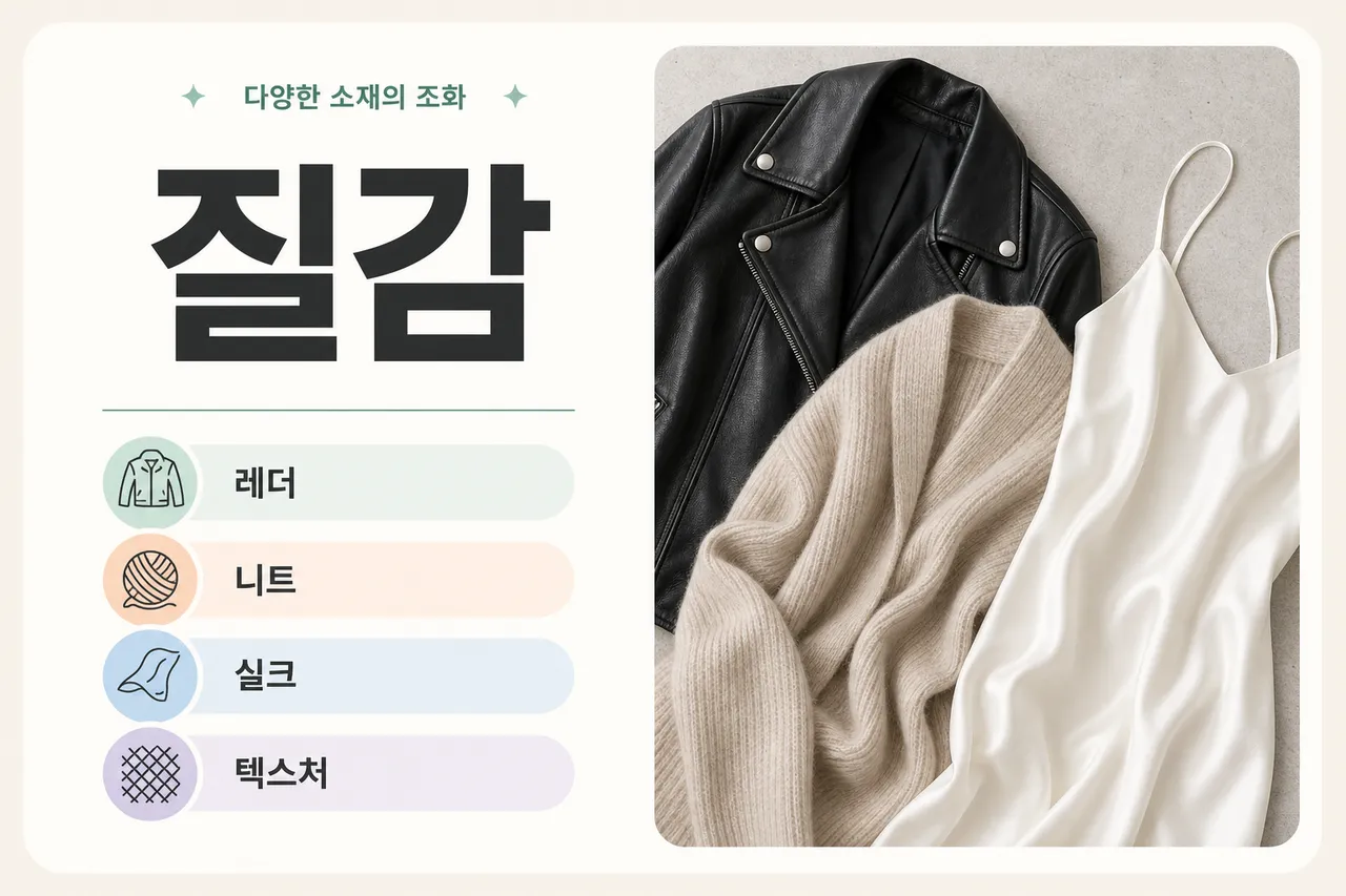 A flat lay photograph of various clothing textures including a black leather jacket, a soft beige cashmere knit, and a white silk slip dress, arranged aesthetically on a light grey concrete surface, top-down view