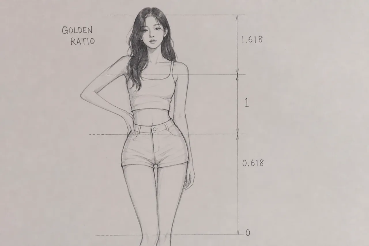 A fashion illustration showing a female silhouette with a short torso and curved hips, with guide lines indicating golden ratio proportions, clean minimalist aesthetic