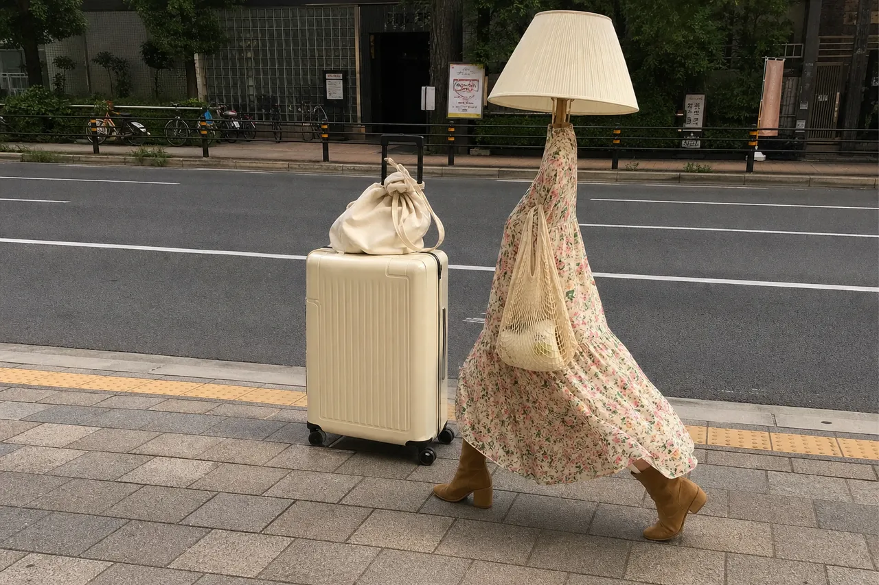 A candid-style photograph of a object walking on a city street wearing a floral midi dress and tan suede boots, summer afternoon sunlight, bohemian chic vibe, no people, objects and environment only