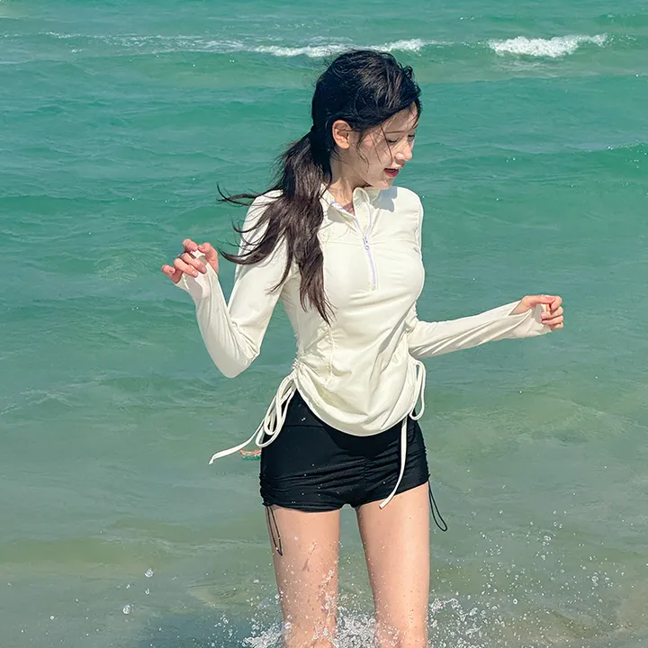 [주문폭주😎] 아일 셔링 긴팔 크롭 + 하이웨스트 반바지 래쉬가드 세트 여름 휴양지 비치 바캉스 휴양지룩 대표 이미지