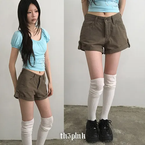 [허벅지커버!/보정핏🤎] 퓌퓌 롤업 사이드 비조 스트랩 숏 팬츠 (3color) 대표 이미지