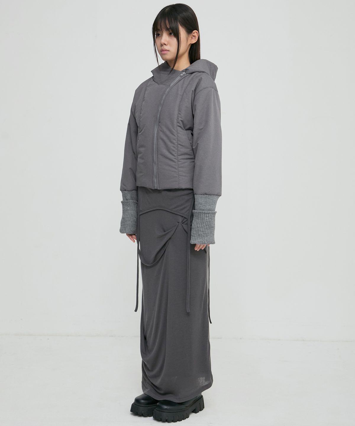 Hooded Asymmetrical Puffer Jacket ( ) 플레어업 비대칭 패딩 FL-053_Gray 받자마자 입어보니 실루엣이 미쳤어요