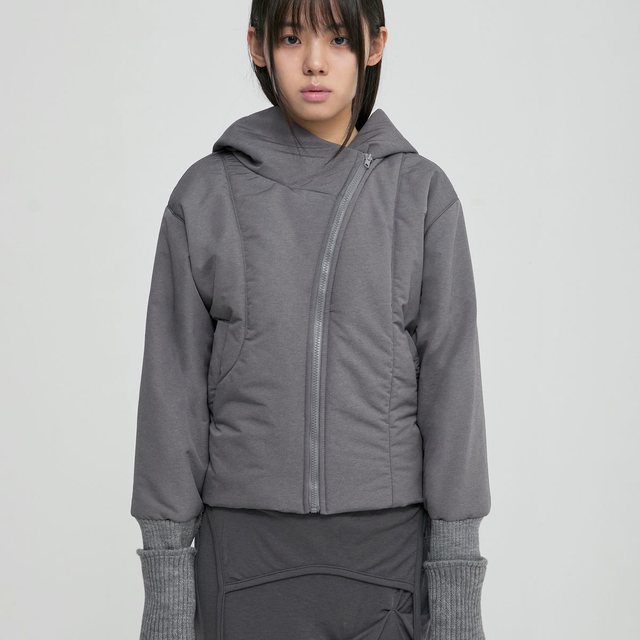 Hooded Asymmetrical Puffer Jacket (FL-053_Gray)