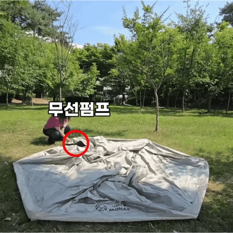 사방의 메쉬 창을 모두 열어두어 텐트 내부로 시원한 바람과 햇살이 들어오는 풍경